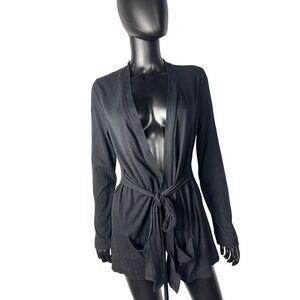 J. Crew Black Tie-Waist Cardigan Sweater Open Front Pockets Minimalist